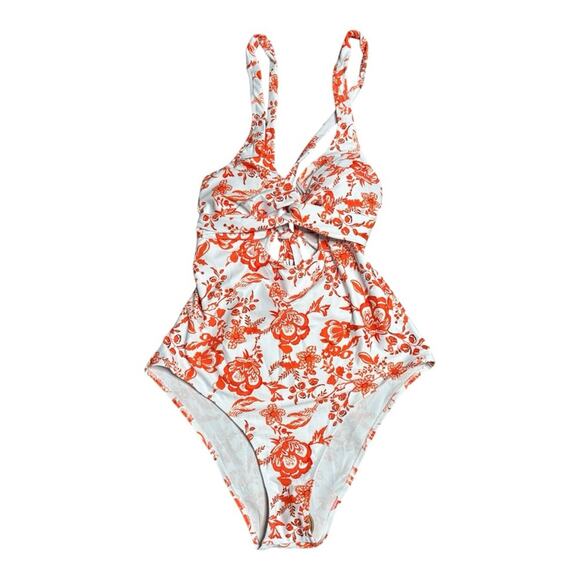 Aimage Orange and White Floral One Piece Bathing Suit With Twist Front Sz Lg - Picture 1 of 6